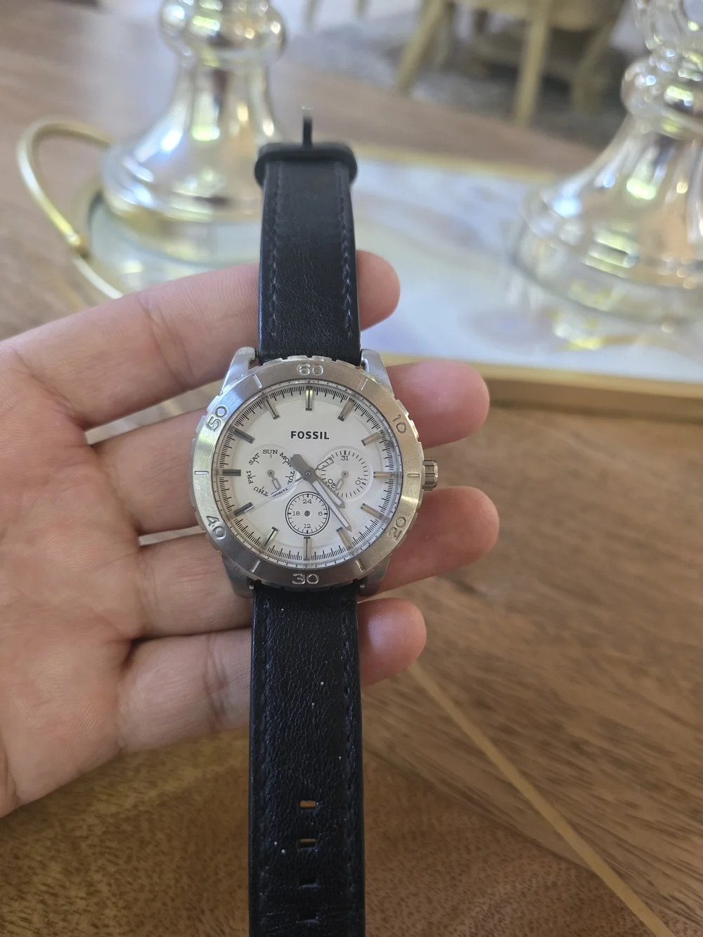 Fossil Men's Black Leather Strap Chronograph Watch - White Dial Missing Hands